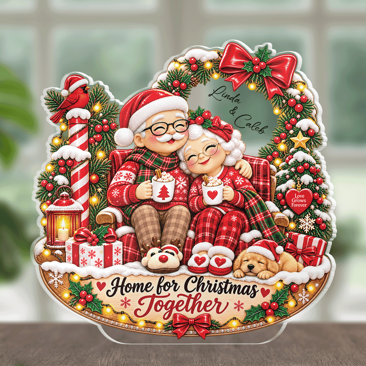 Personalized Home for Christmas Together Couple Santa Acrylic Plaque, Custom Name Grandparents Parents Xmas Tabletop Keepsake, Warm Family Holiday Gift