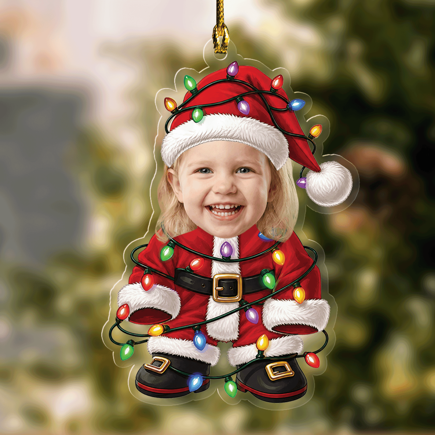 Personalized Kid Santa with Christmas Lights Acrylic Christmas Ornament, Custom Photo Holiday Gift