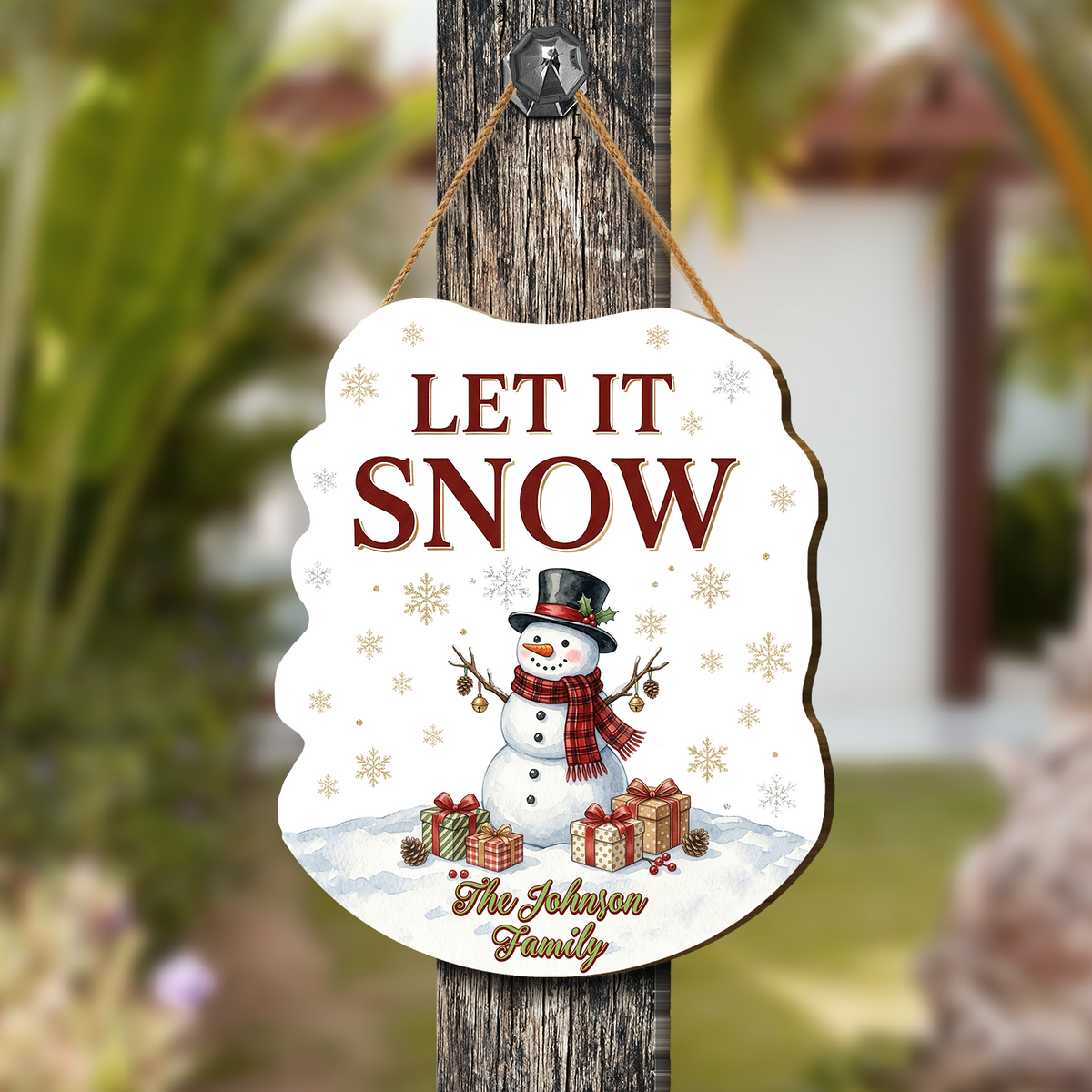 Personalized Snowman Custom Shape Wood Sign, Custom Family Name Let It Snow Winter Wooden Hanging Plaque, Festive Holiday Door & Wall Decor Family Gift
