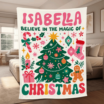 Personalized Believe In The Magic Of Christmas Blanket, Custom Name Retro Christmas Tree Holiday Fleece Blanket for Kids Girls, Cozy Xmas Decor Throw Keepsake Gift
