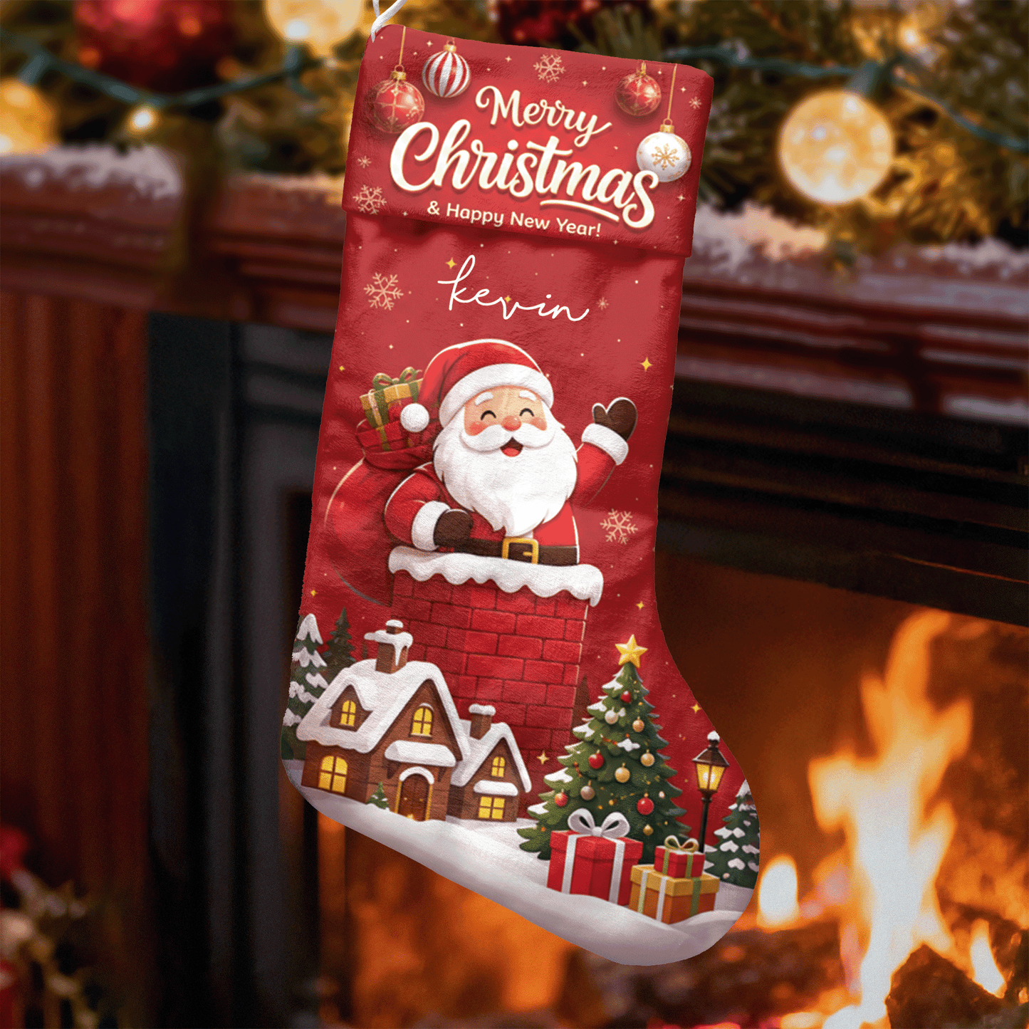 Personalized Merry Christmas Santa Claus Christmas Stocking with Custom Name