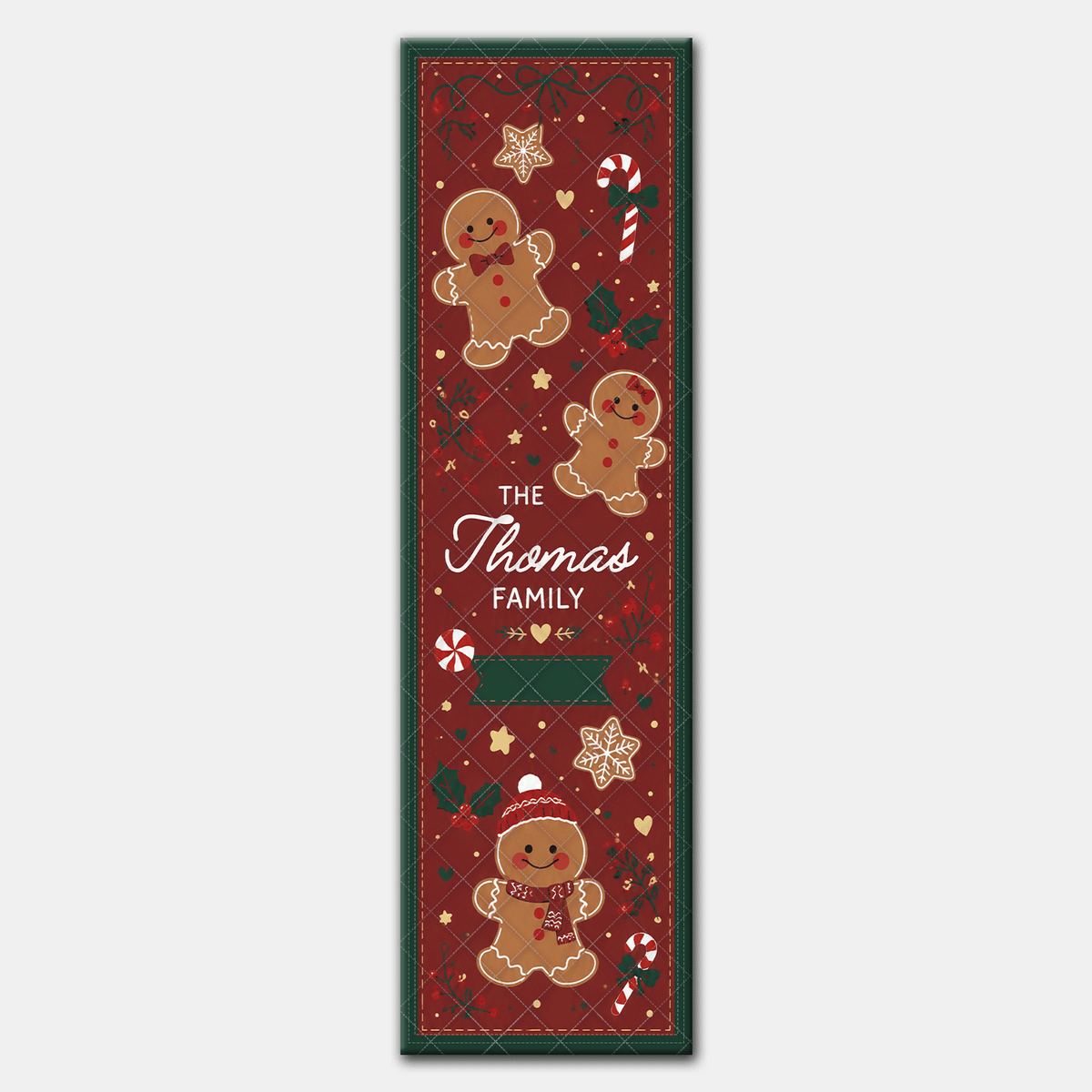 Personalized Gingerbread Family Christmas Quilt Table Runner, Custom Family Name Red Holiday Quilted Table Runner & Dining Decor