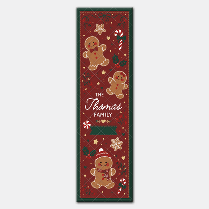 Personalized Gingerbread Family Christmas Quilt Table Runner, Custom Family Name Red Holiday Quilted Table Runner & Dining Decor