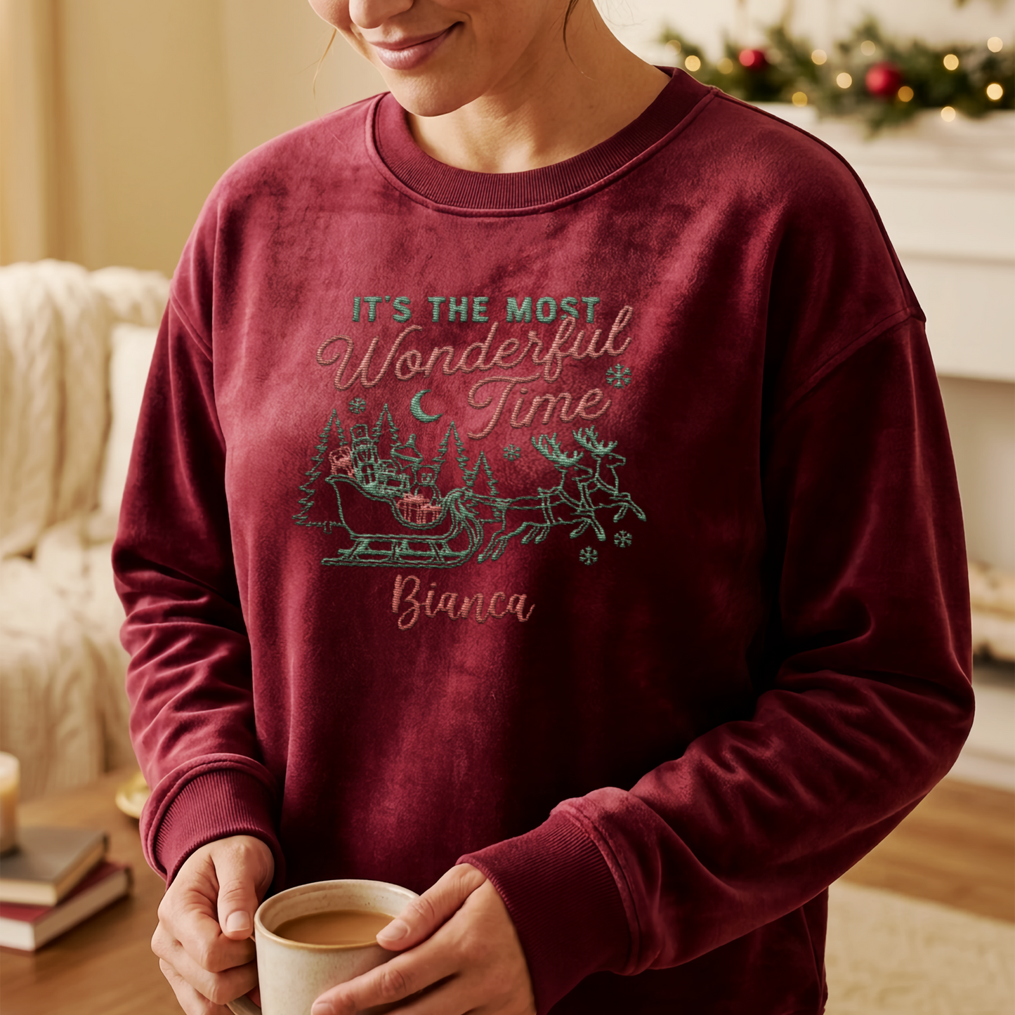 Personalized It's the Most Wonderful Time Christmas Sweatshirt with Custom Name | Vintage Santa Sleigh Holiday Crewneck