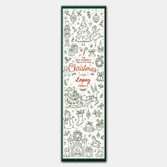 Full length line drawing runner design with Christmas tree, ballerina, reindeer, fireplace and red script Christmas family name