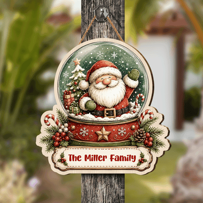 Personalized Santa Snow Globe Custom Shape Wood Sign, Cute Christmas Door Hanger Custom Family Name Waving Santa Claus Hanging Wooden Plaque, Winter Wall Decor & Holiday Family Gift
