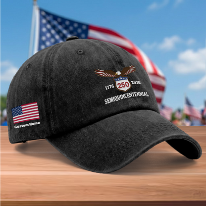 USA 250th Semiquincentennial 1776-2026 Eagle Embroidered Washed Denim Baseball Cap – Custom Name Patriotic Anniversary Hat