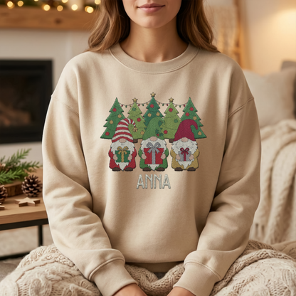 Personalized Christmas Gnome Embroidered Sweatshirt, Custom Name Holiday Tree Crewneck