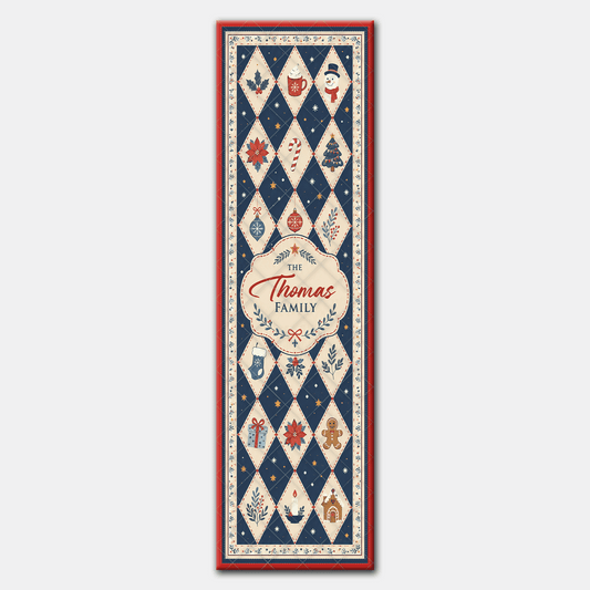 Full length navy argyle Christmas runner design with stockings, gingerbread, poinsettias and scalloped family name label