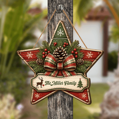 Personalized Christmas Star Pine Cone Custom Shape Wood Sign, Custom Family Name Plaque Reindeer Christmas Tree Wooden Hanging Decor, Rustic Holiday Door & Wall Decor Family Gift