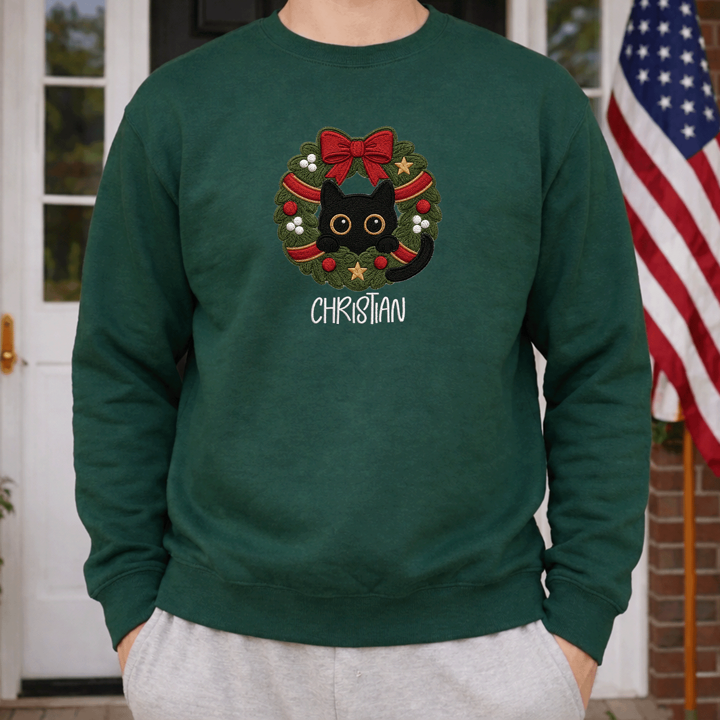 Personalized Embroidered Black Cat Christmas Wreath Sweatshirt with Custom Name