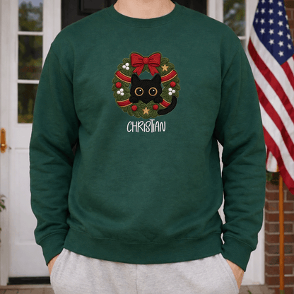 Personalized Embroidered Black Cat Christmas Wreath Sweatshirt with Custom Name