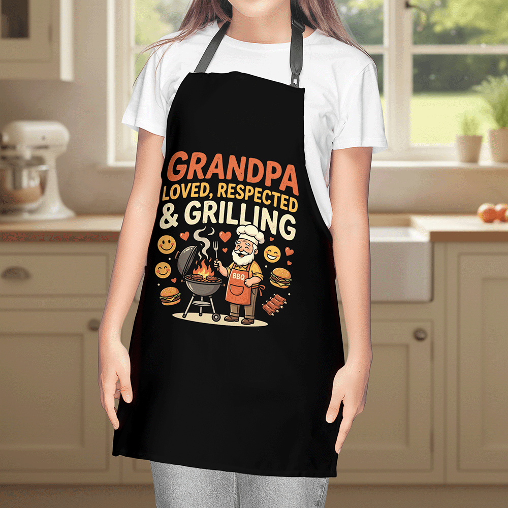 Grandpa Loved, Respected and Grilling Apron – Funny BBQ Grilling Apron Gift for Grandpa