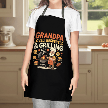 Grandpa Loved, Respected and Grilling Apron – Funny BBQ Grilling Apron Gift for Grandpa