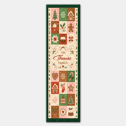 Full length cozy patchwork runner design with pink, red and green holiday icon grid and script family name