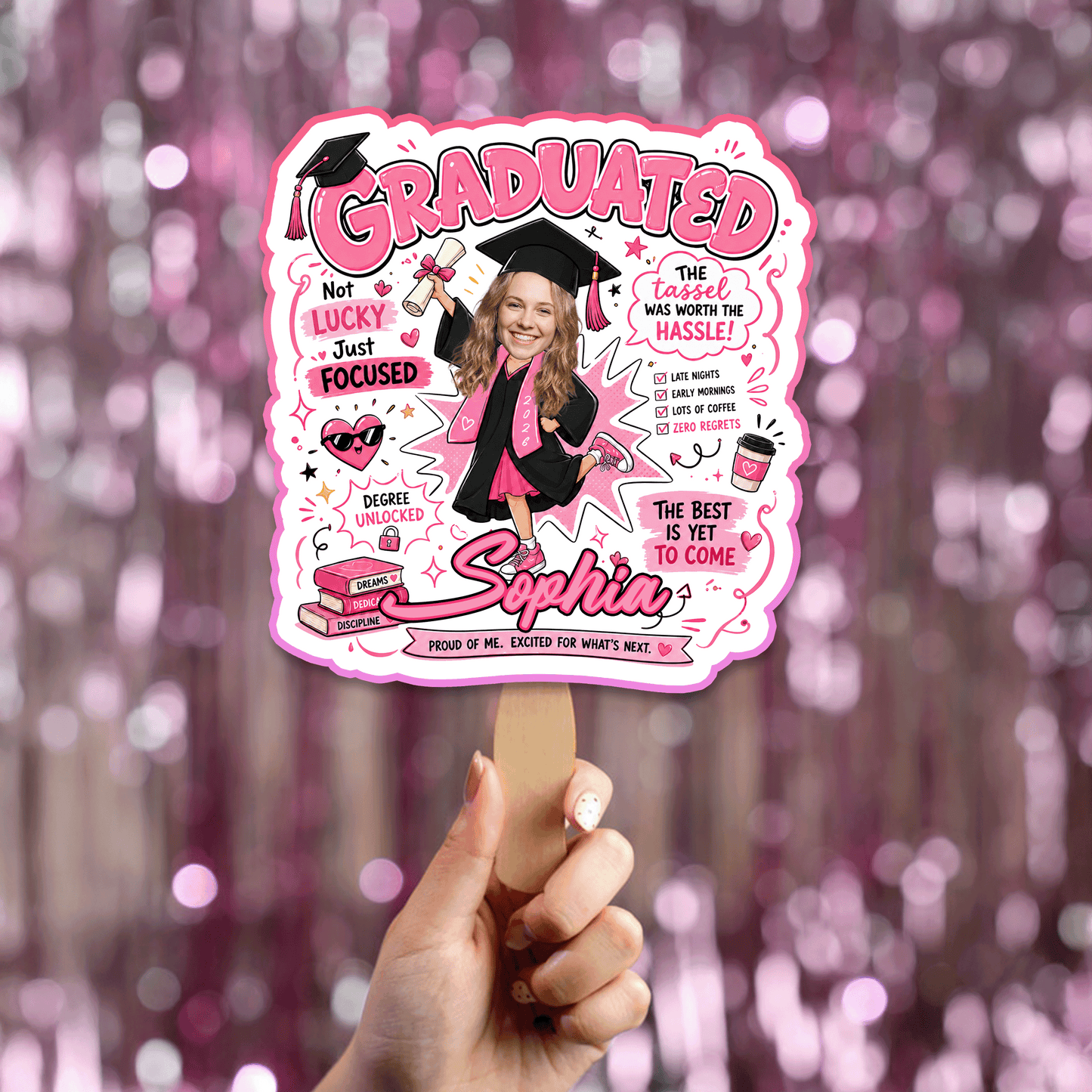 Personalized Graduated Not Lucky Just Focused Custom Shape Photo Hand Fan, Graduation Fan with Photo & Name