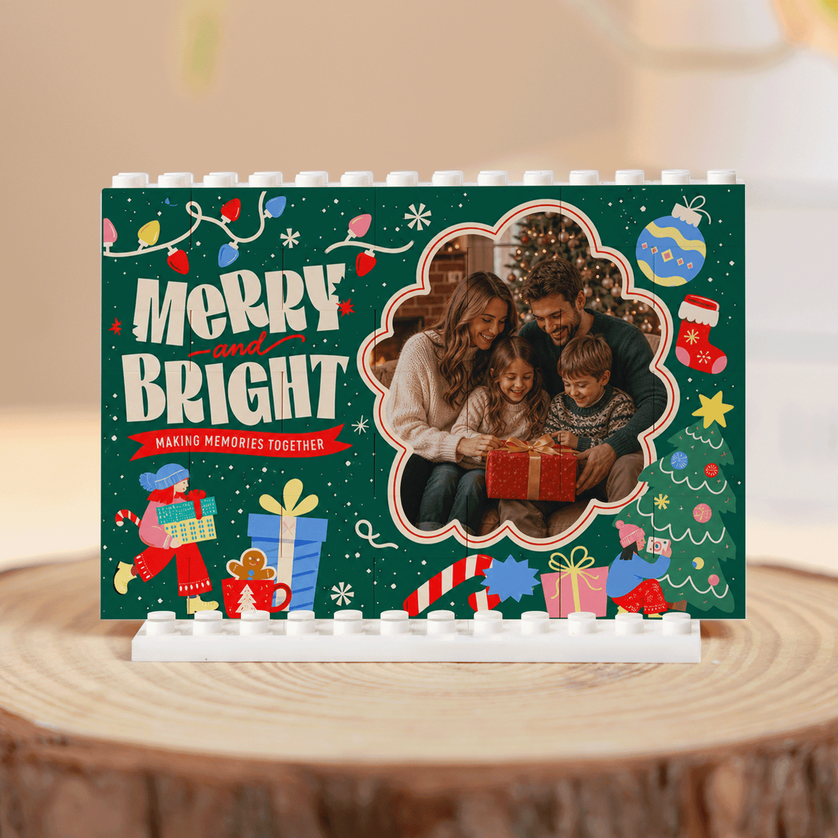 Personalized Photo Christmas Building Block in Deep Green, Custom Family Picture Holiday Lights "Merry and Bright" Brick Puzzle Keepsake Decor, Festive Holiday Desk Gift