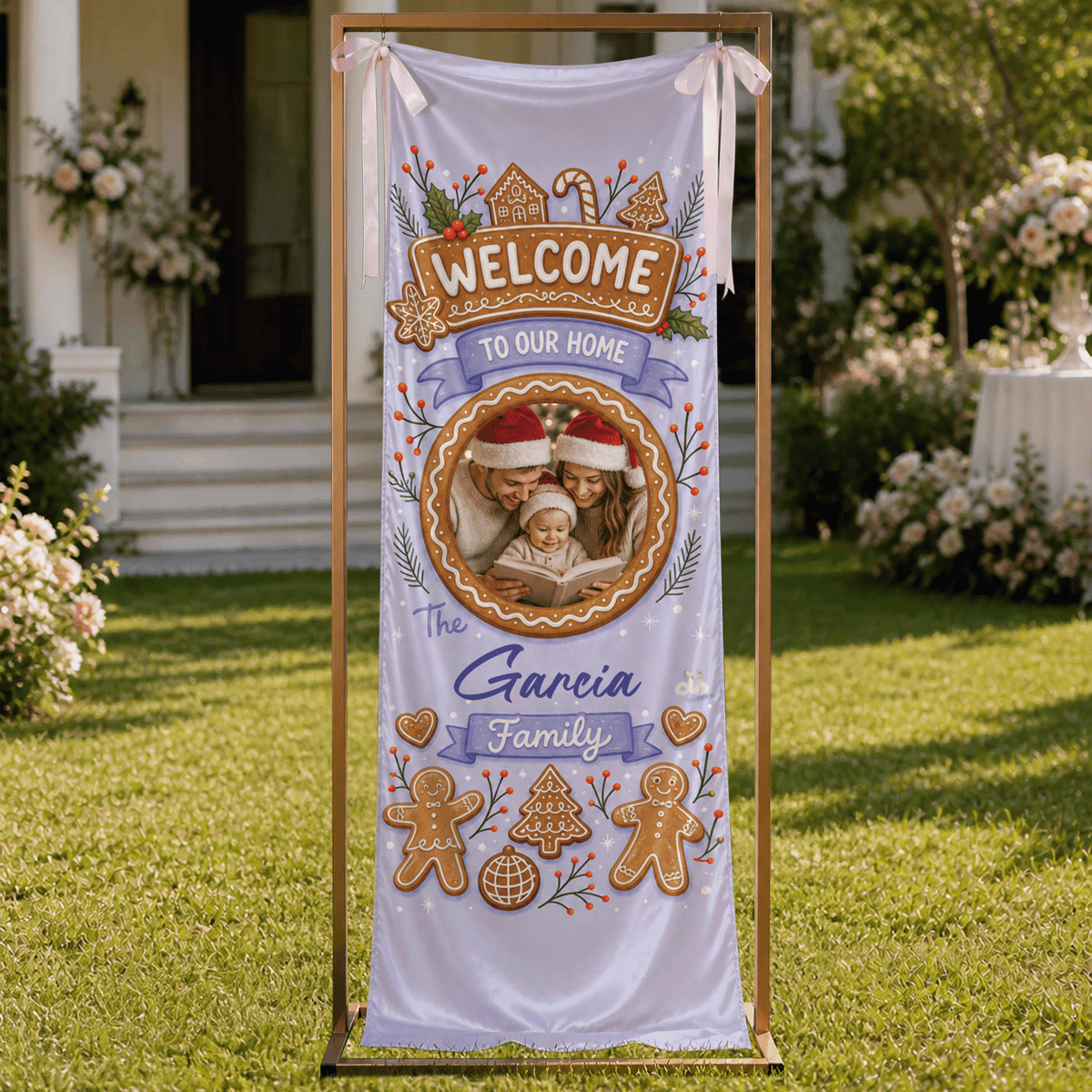 Custom Photo Purple Gingerbread House Christmas Family Fabric Welcome Banner, Personalized Family Name Holiday Entrance Hanging Sign with Ribbon Ties, Pastel Lavender Decor