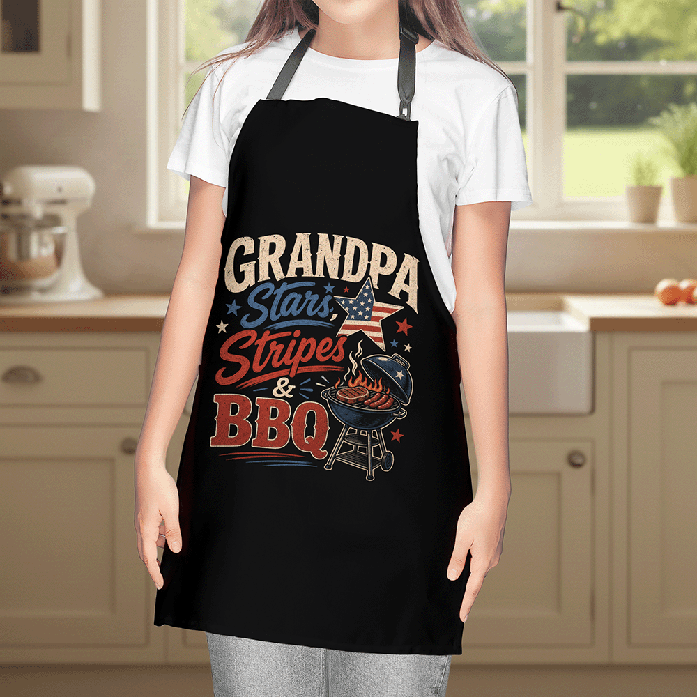 Grandpa Stars Stripes and BBQ Apron – Patriotic BBQ Grilling Apron Gift for Grandpa