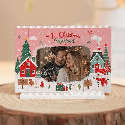 Personalized Photo Christmas Building Block in Blush Pink, Custom Couple First Christmas Married Photo Winter Houses & Snowman Brick Puzzle Keepsake Decor, Holiday Gift for Newlyweds