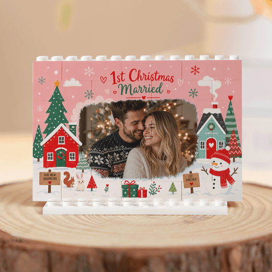 Personalized Photo Christmas Building Block in Blush Pink, Custom Couple First Christmas Married Photo Winter Houses & Snowman Brick Puzzle Keepsake Decor, Holiday Gift for Newlyweds