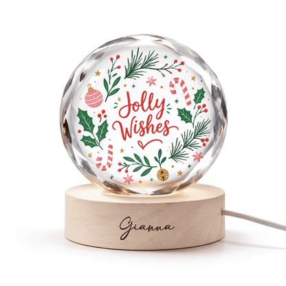 Custom Jolly Wishes Christmas Wreath 3D Laser Engraved Crystal Ball with LED Wooden Standee, Personalized Name Holiday Night Light Keepsake