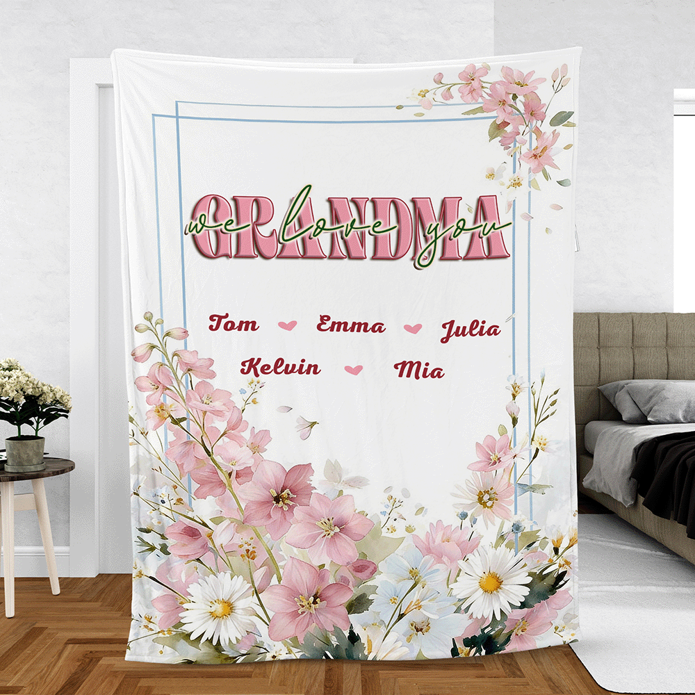 Grandma, We Love You – Heartfelt Mother’s Day Gift from Grandkids – Personalized Floral Heart Blanket