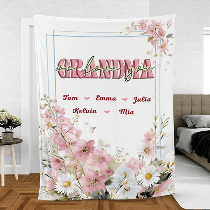 Grandma, We Love You – Heartfelt Mother’s Day Gift from Grandkids – Personalized Floral Heart Blanket