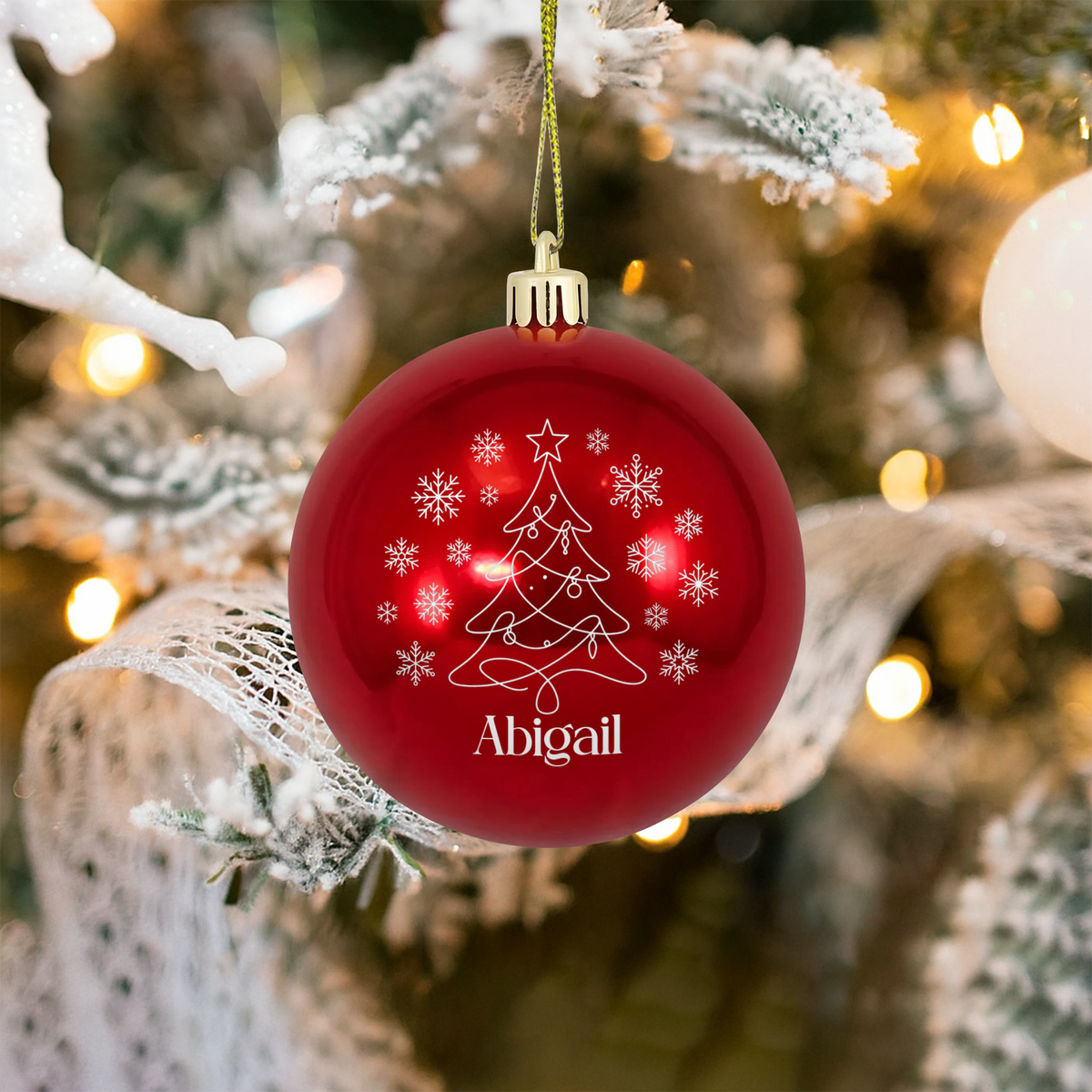 Personalized Name Christmas Tree Red Ball Ornament, Custom Line Art Shatterproof Plastic Holiday Bauble