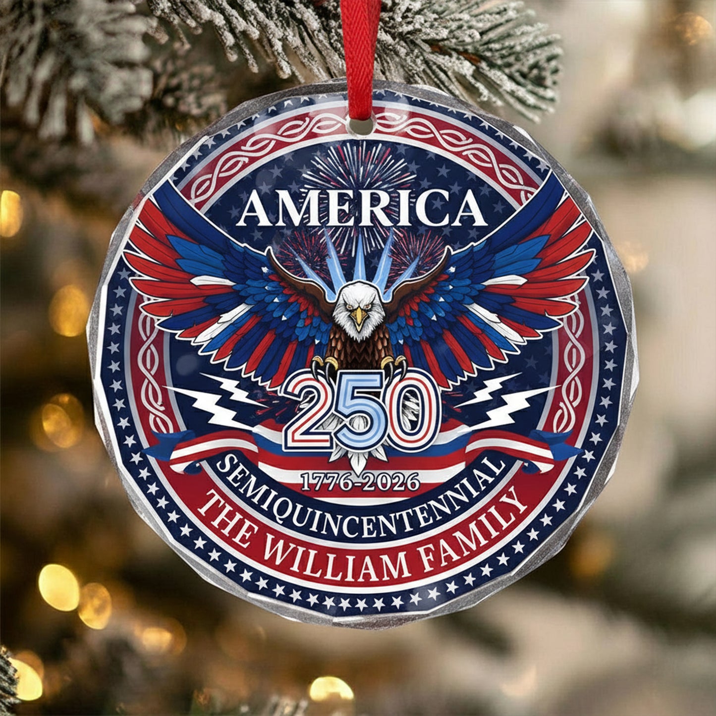 Personalized Semiquincentennial Family Name Glass Ornament – USA 250th Anniversary Keepsake