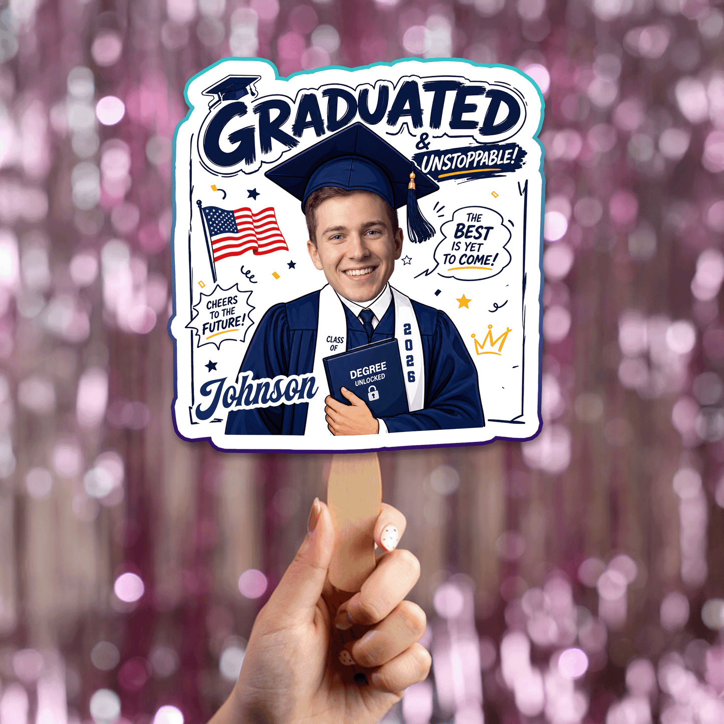 Graduated Cheers to the Future Custom Shape Photo Hand Fan with Photo, Name Graduation Party Fan