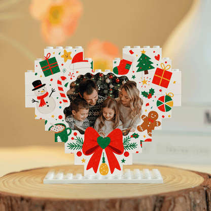 Personalized Photo Heart Building Block in White & Red Bow, Custom Family Picture Snowman & Gingerbread Xmas Brick Puzzle Keepsake Decor, Festive Christmas Desk Gift