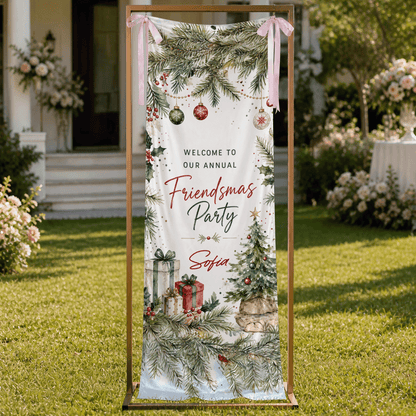 Custom Friendsmas Party Fabric Welcome Banner, Personalized Name Holiday Entrance Hanging Sign with Ribbon Ties, Pine Foliage & Ornaments Christmas Decor
