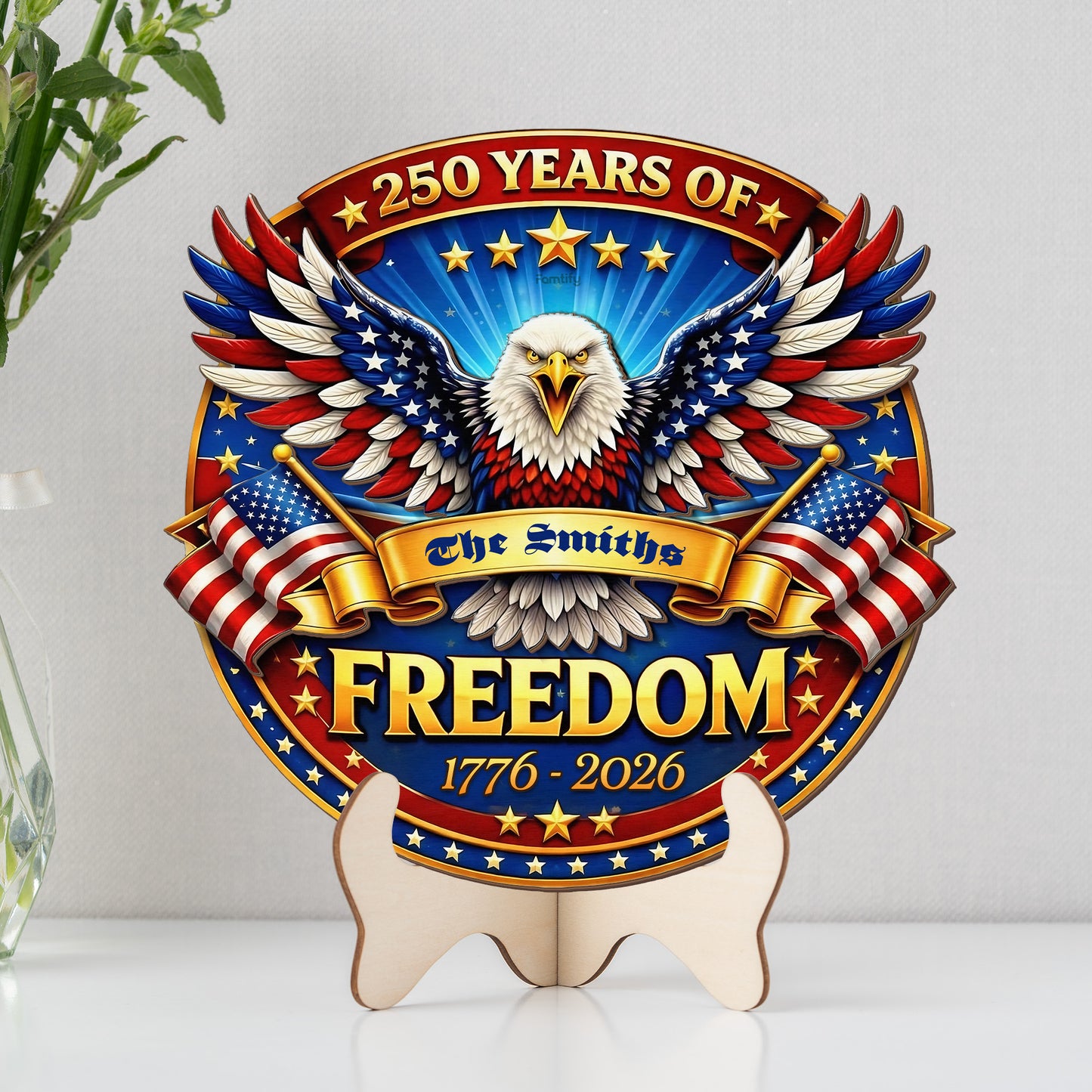 Personalized Freedom 250 Years Wood Sign – Custom Family Name America 1776-2026 Patriotic Door Sign