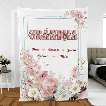 “Grandma, We Love You” – Heartfelt Mother’s Day Gift from Grandkids – Personalized Floral Heart Blanket
