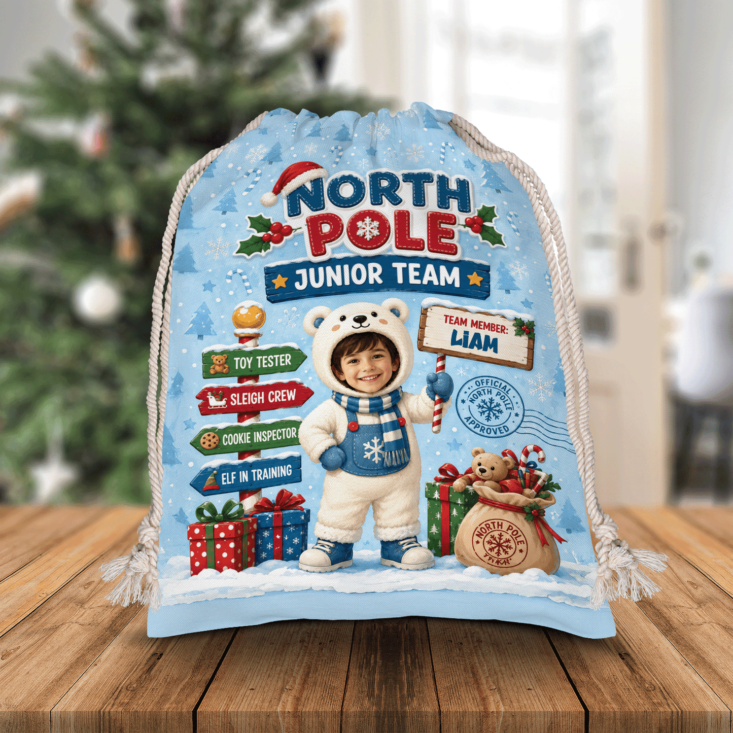 Personalized North Pole Junior Team Christmas Sack, Custom Name Santa Gift Bag