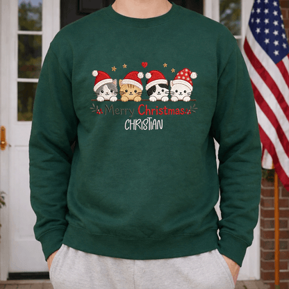 Personalized Embroidered Merry Christmas Cats Sweatshirt with Custom Name