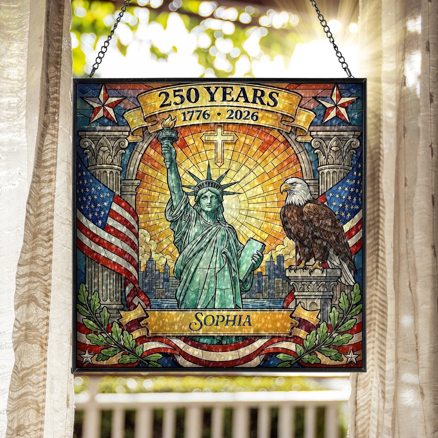 Personalized USA 250 Years Stained Glass Suncatcher – Liberty Statue Patriotic Window Hanging 1776–2026