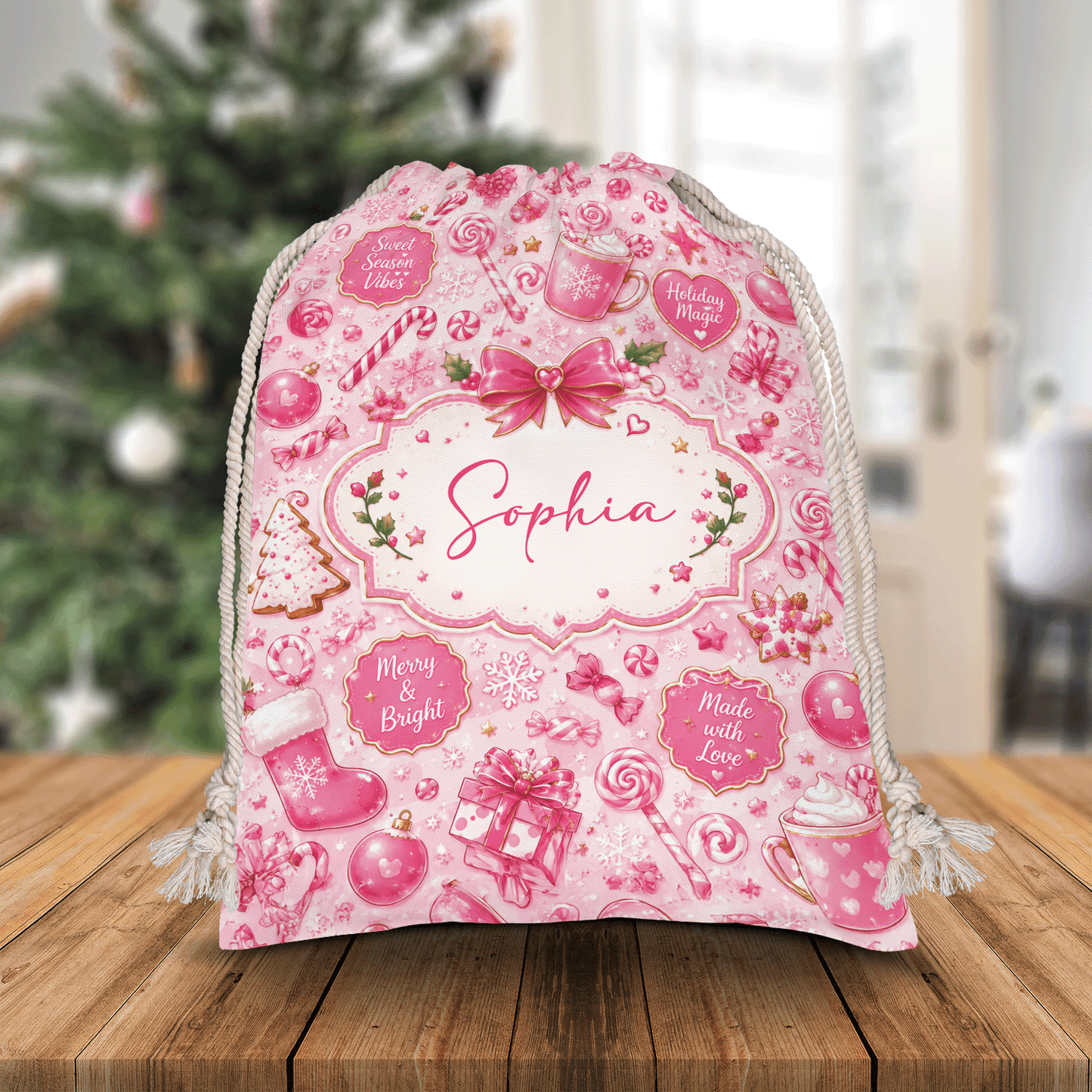 Personalized Pink Christmas Sweet Treats Christmas Sack with Custom Name