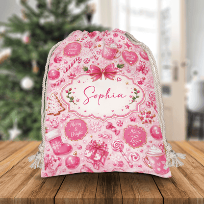 Personalized Pink Christmas Sweet Treats Christmas Sack with Custom Name