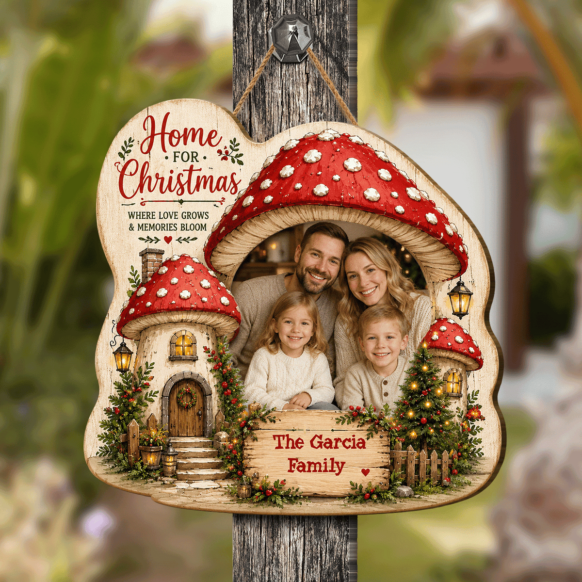 Personalized Mushroom House Photo Custom Shape Wood Sign, Custom Family Picture Name Home For Christmas Wooden Hanging Plaque, Festive Holiday Door & Wall Decor Family Gift