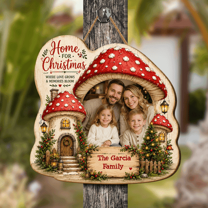 Personalized Mushroom House Photo Custom Shape Wood Sign, Custom Family Picture Name Home For Christmas Wooden Hanging Plaque, Festive Holiday Door & Wall Decor Family Gift