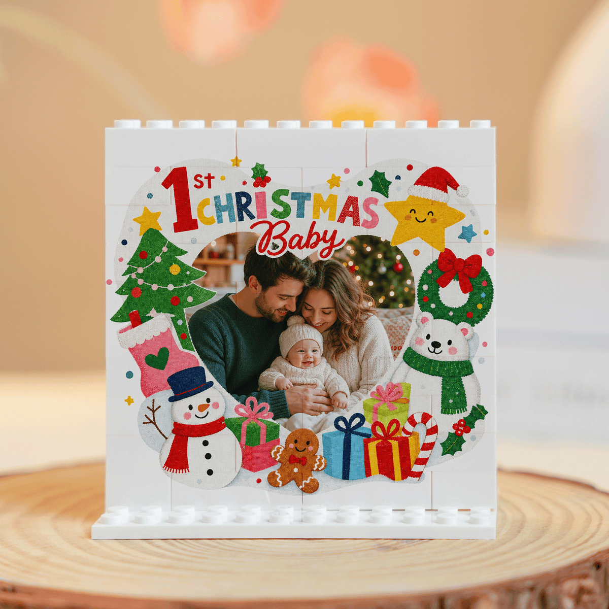Personalized Photo Christmas Building Block in Cream White, Custom Baby First Christmas Photo Snowman & Polar Bear Brick Puzzle Keepsake Decor, Holiday Gift for New Parents