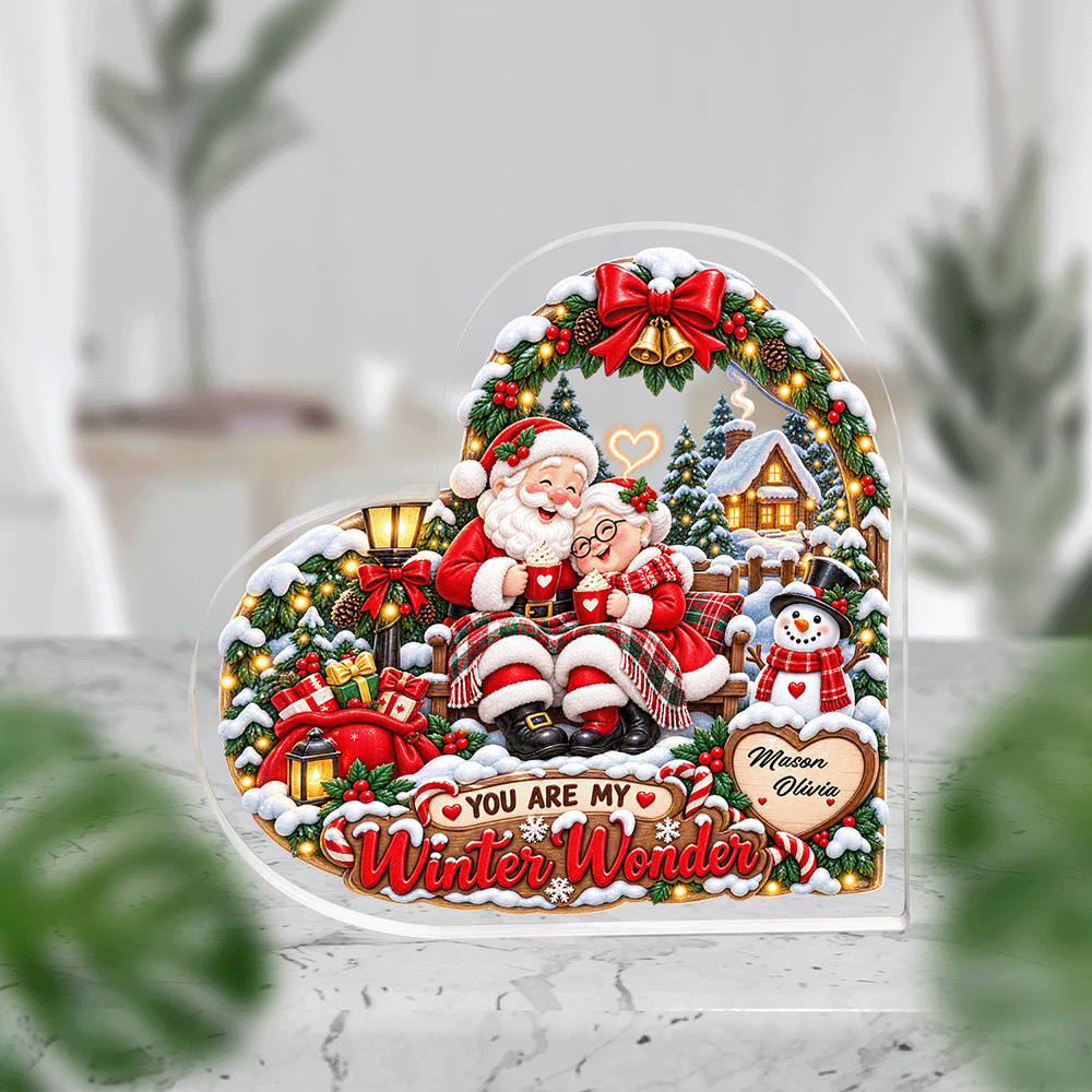 Personalized You Are My Winter Wonder Couple Santa Acrylic Heart Plaque, Custom Name Grandparents Parents Xmas Tabletop Keepsake, Romantic Holiday Gift
