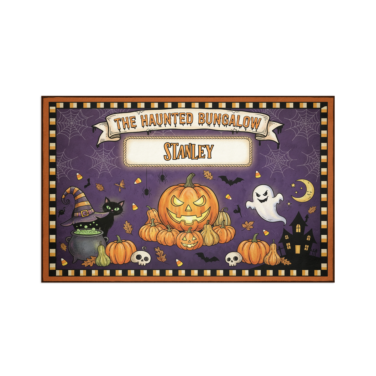Personalized Halloween The Haunted Bungalow Rug, Custom Family Name Pumpkin Ghost Doormat, Spooky Black Cat Witch Hat Indoor Outdoor Entryway Mat