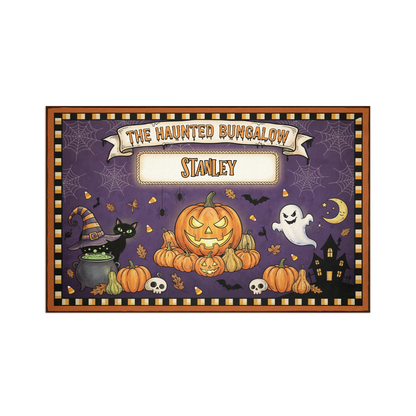 Personalized Halloween The Haunted Bungalow Rug, Custom Family Name Pumpkin Ghost Doormat, Spooky Black Cat Witch Hat Indoor Outdoor Entryway Mat