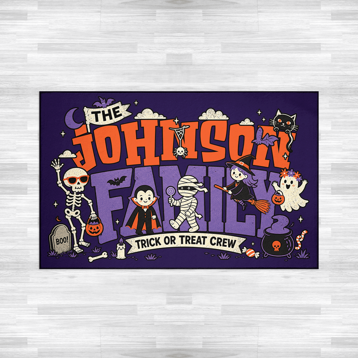 Personalized Halloween Trick Or Treat Crew Cute Monsters Rug Custom Family Name Home Decor Floor Mat