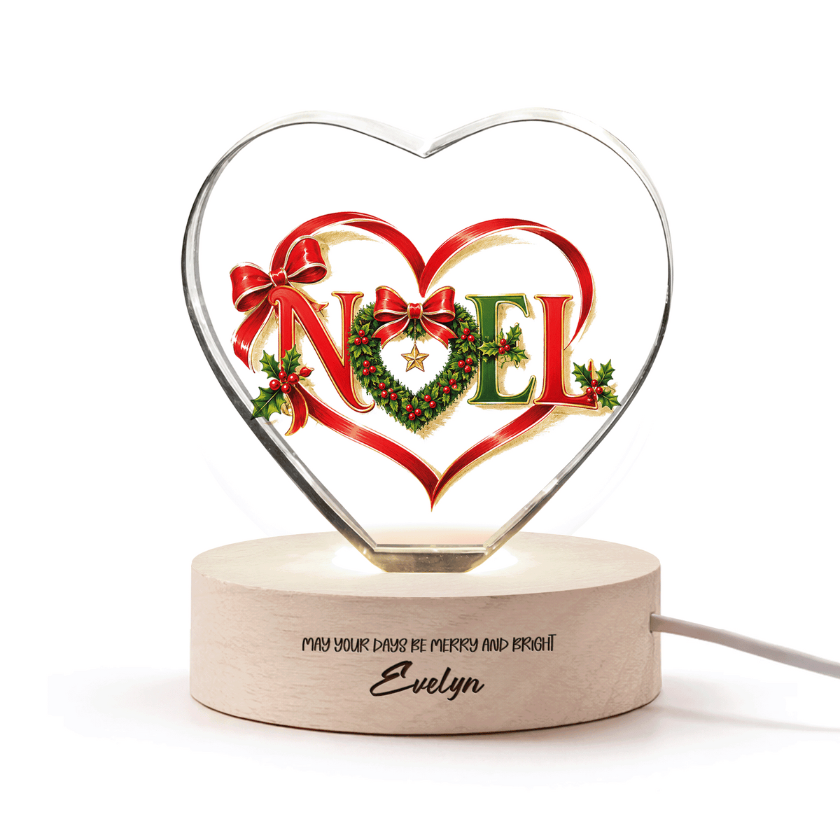 Custom Noel Ribbon Wreath 3D Laser Engraved Crystal Heart with LED Wooden Standee, Personalized Name Holiday Night Light Keepsake