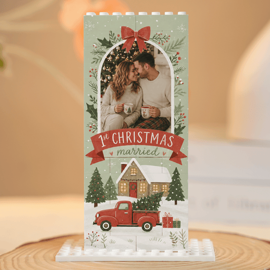 Personalized Photo Christmas Building Block in Sage Green, Custom Couple First Christmas Married Photo Wreath & Red Truck Brick Puzzle Keepsake Decor, Holiday Gift for Newlyweds