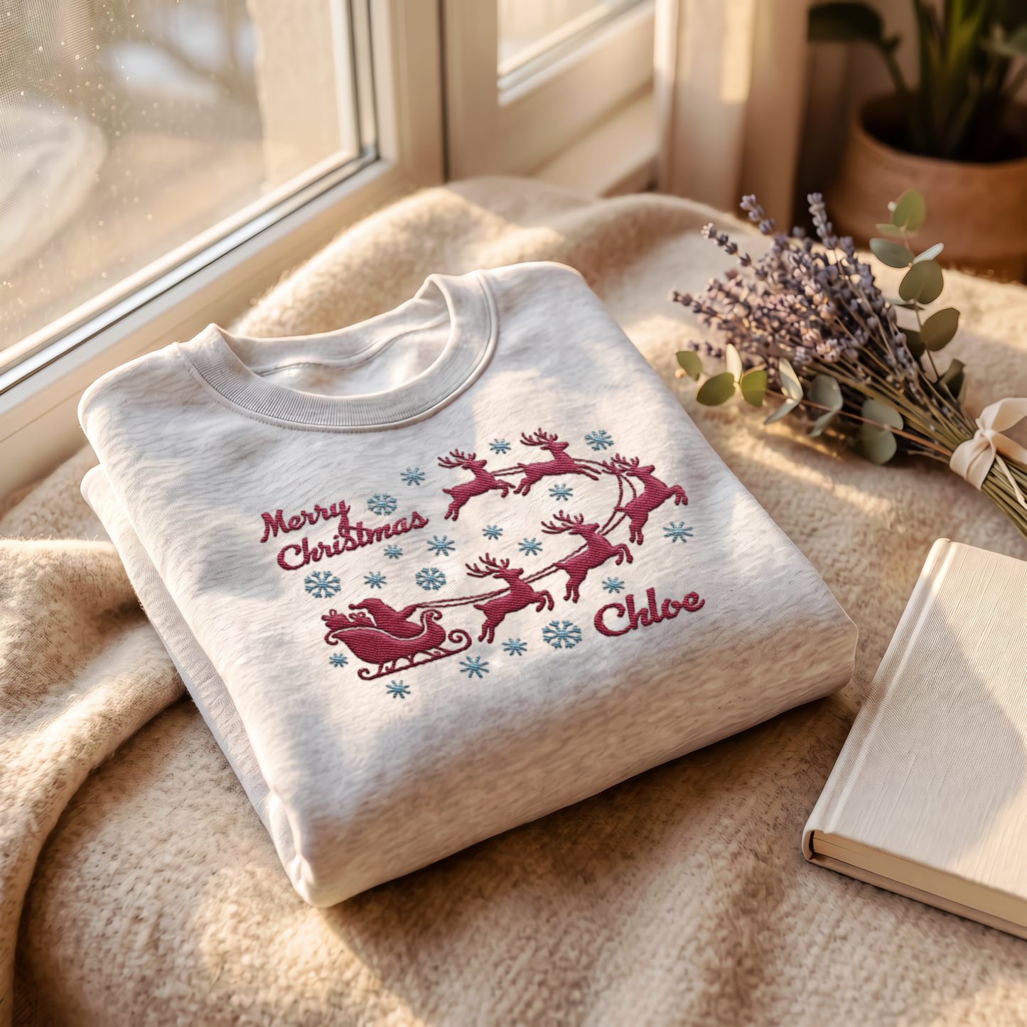 Personalized Embroidered Santa Sleigh Reindeer Sweatshirt with Custom Name